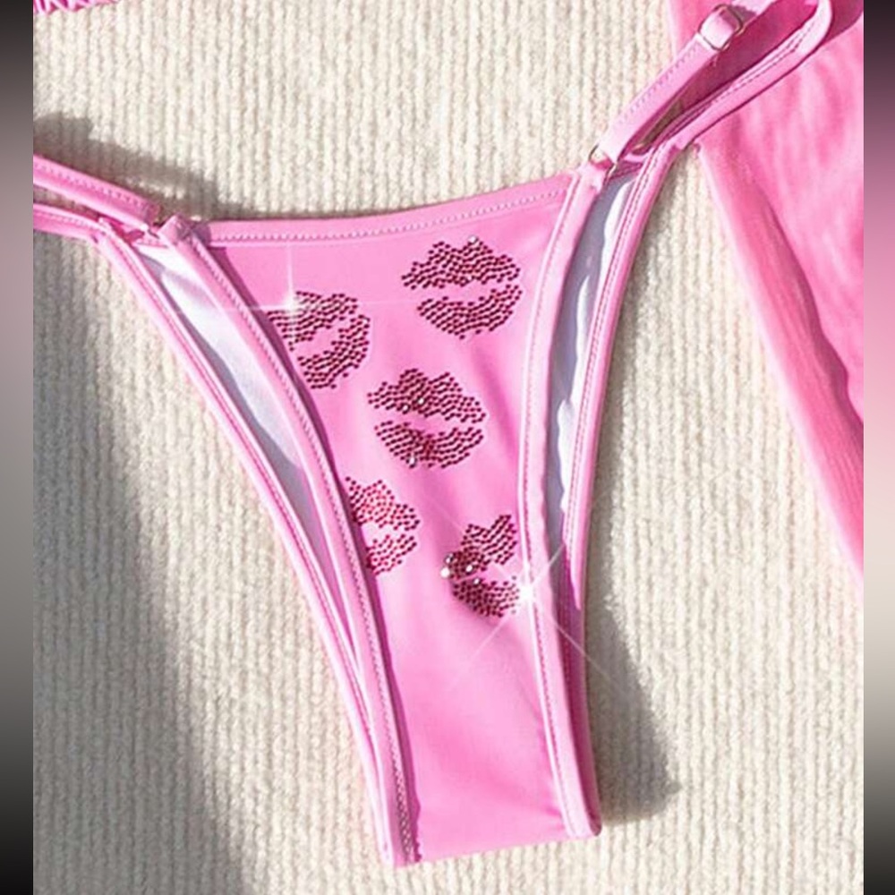 Pink & Red Rhinestone Lips 3 Piece Bikini Set - Picture 6 of 7